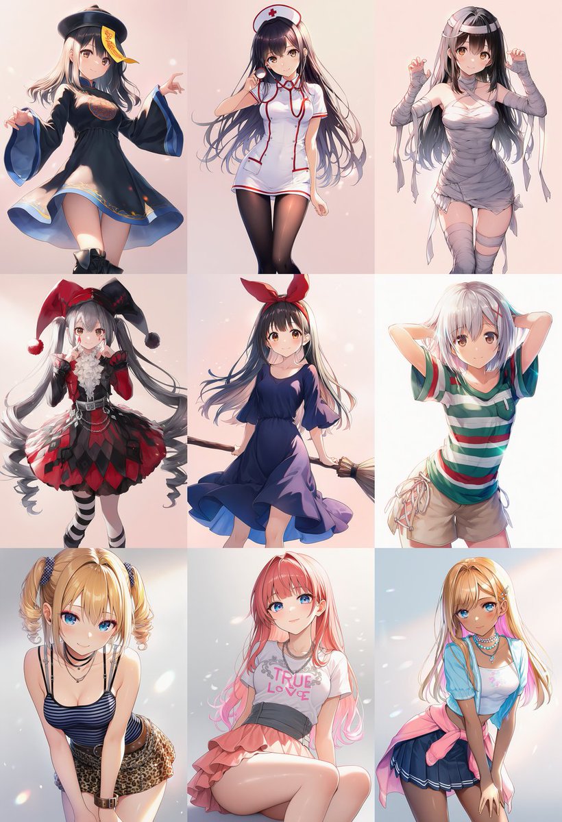 Nine-character group scene in living room background 2