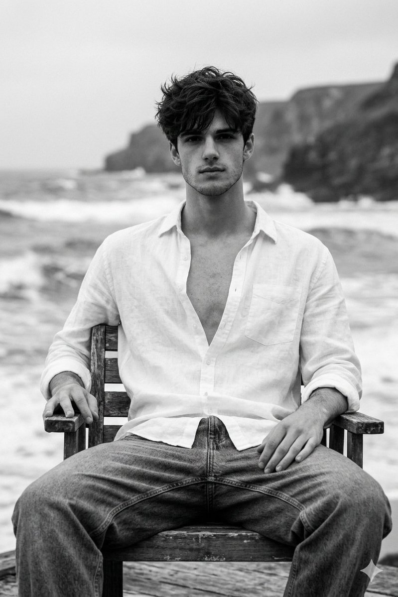 Black and White Portrait of Man by the Seashore 2