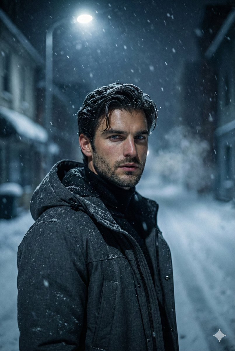 Winter Noir Cinematic Portrait of Man in Snowy Street 1