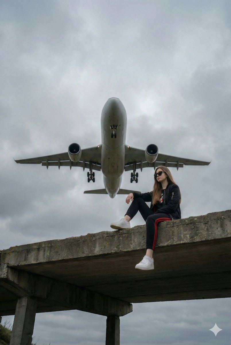 Surreal Low-Angle Portrait with Low-Flying Airplane Prompt 1