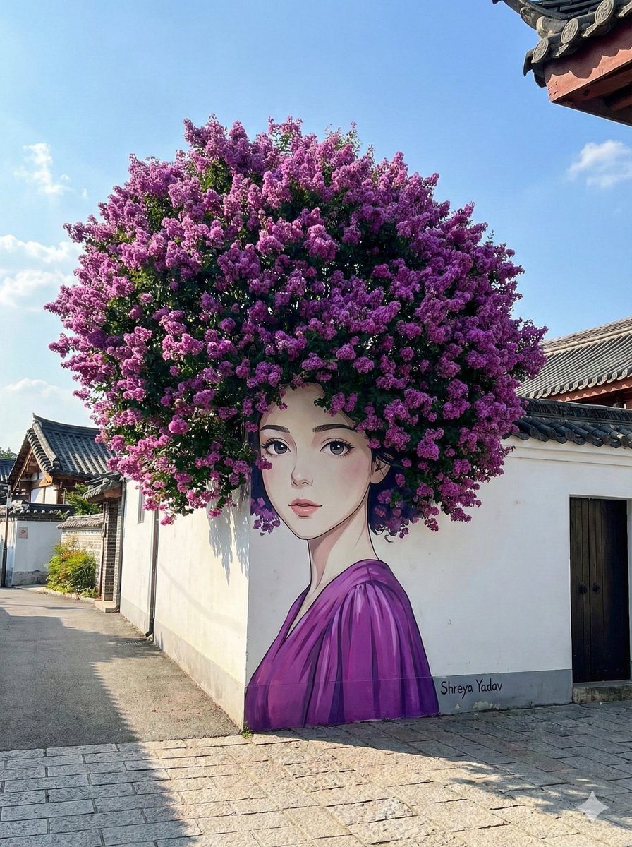 Trompe-l'œil Street Art with Flowering Bush Hair 1