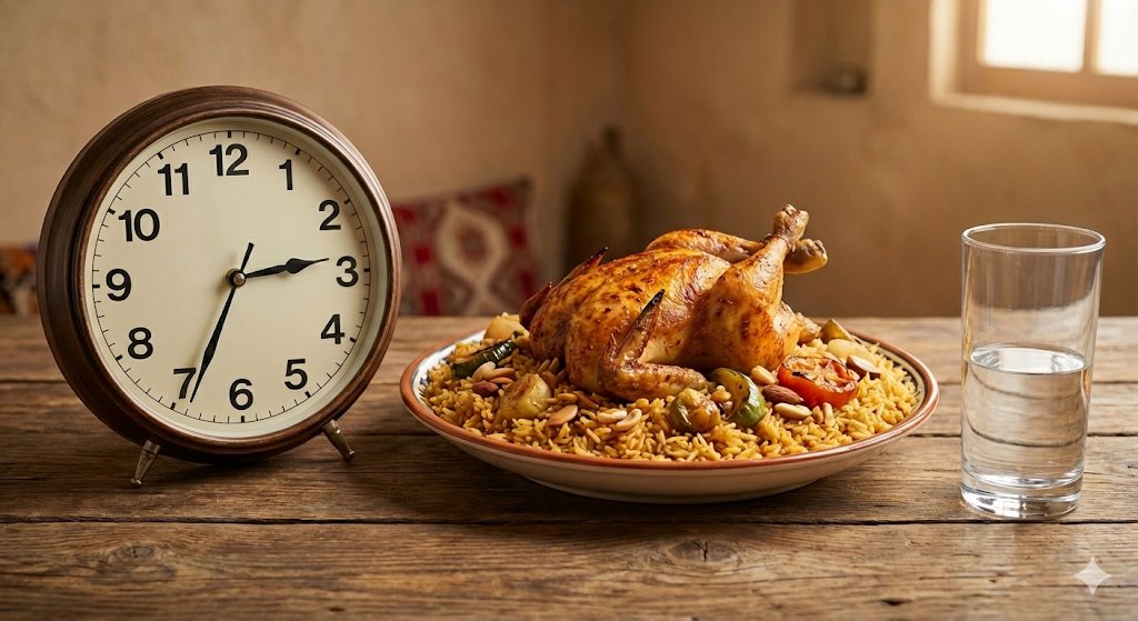 Analog clock and Saudi kabsa meal still life 1
