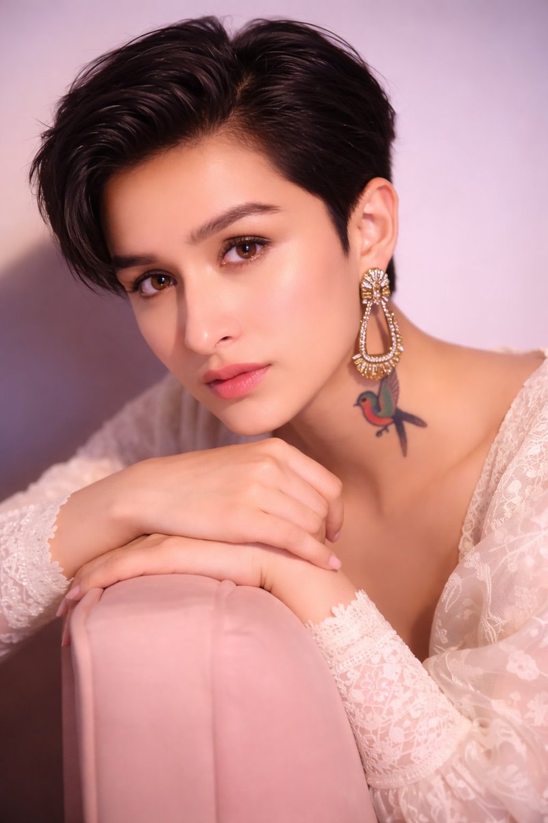 Portrait of Shraddha Kapoor with Pixie Cut and Jhumka Earrings 2