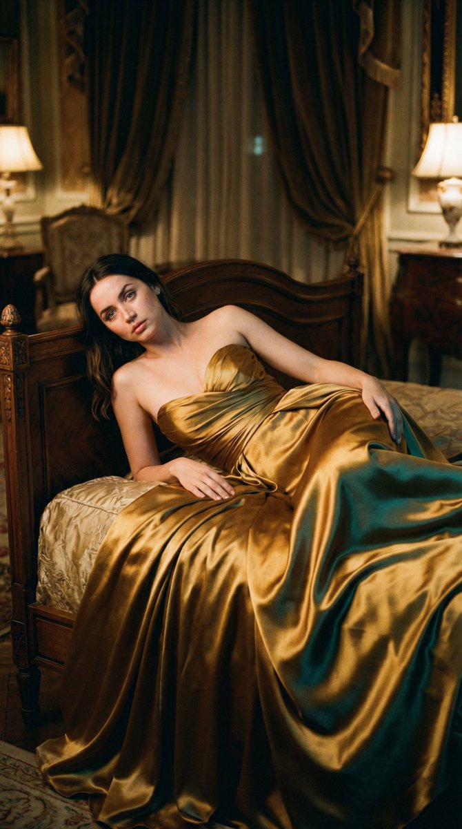 JSON Prompt for Cinematic Still of Ana de Armas in a Golden Nightgown 2