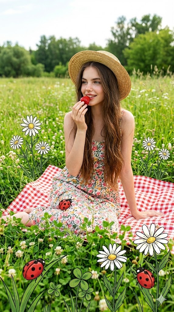 Picnic Meadow Photo with 2D Illustration Overlay Prompt 1