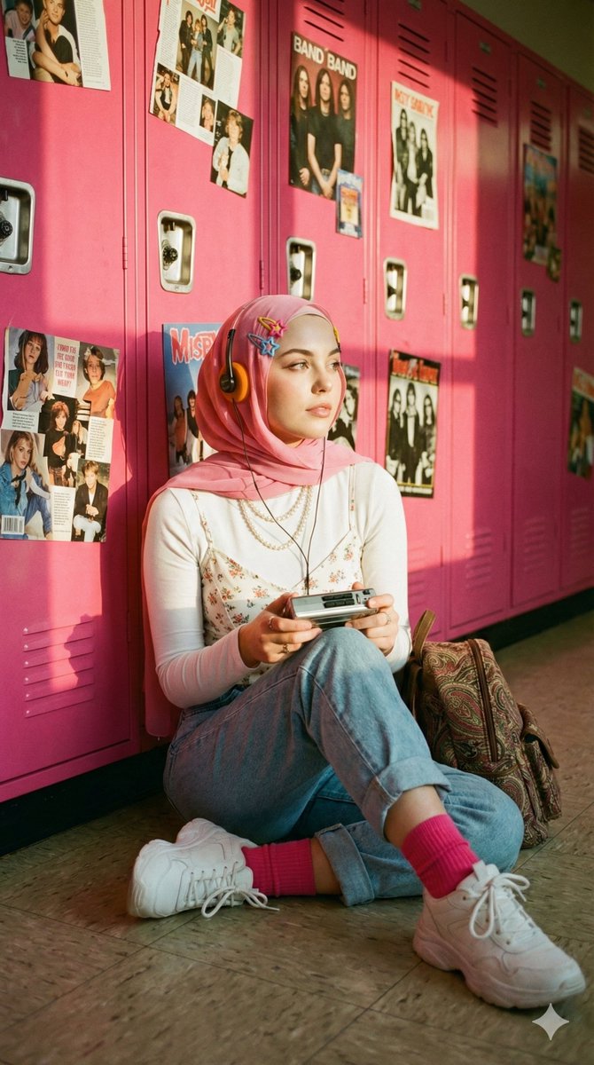 Cinematic Y2K Portrait of a Hijab Woman with a Cassette Player 1