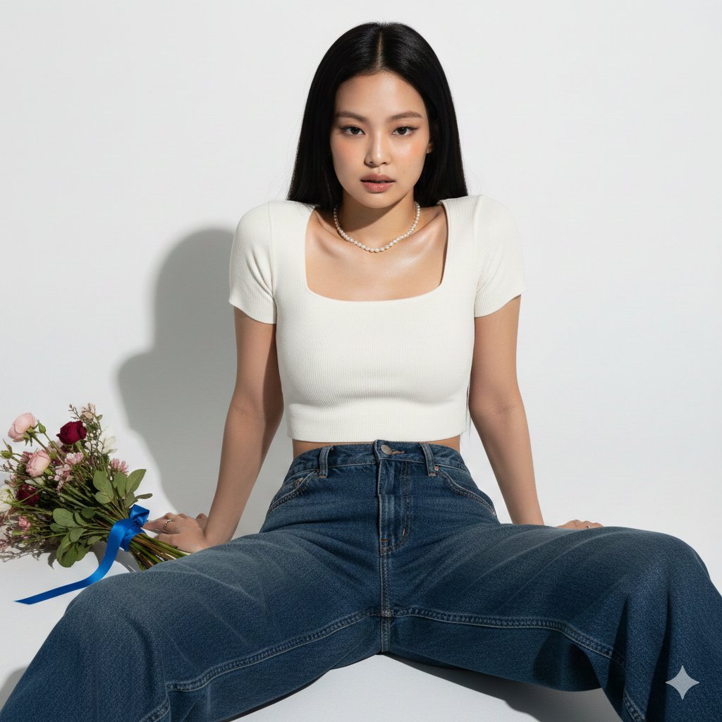 Hyper-realistic portrait of Jennie Kim in a minimalist studio setting 3