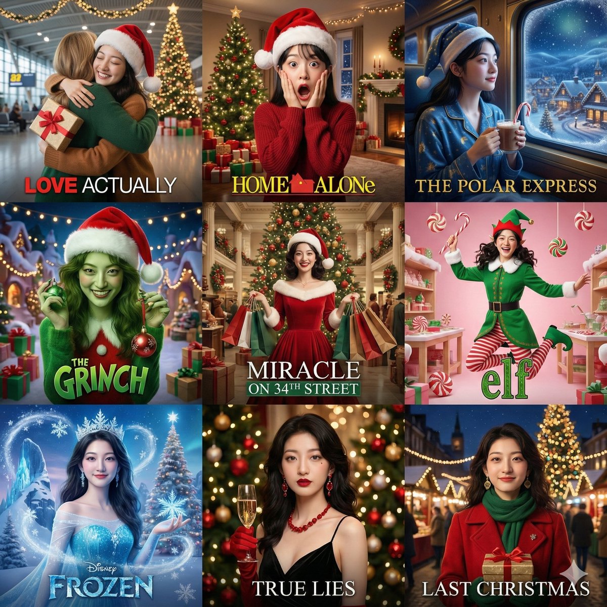 9-Panel Christmas Movie Scene Collage Prompt 1