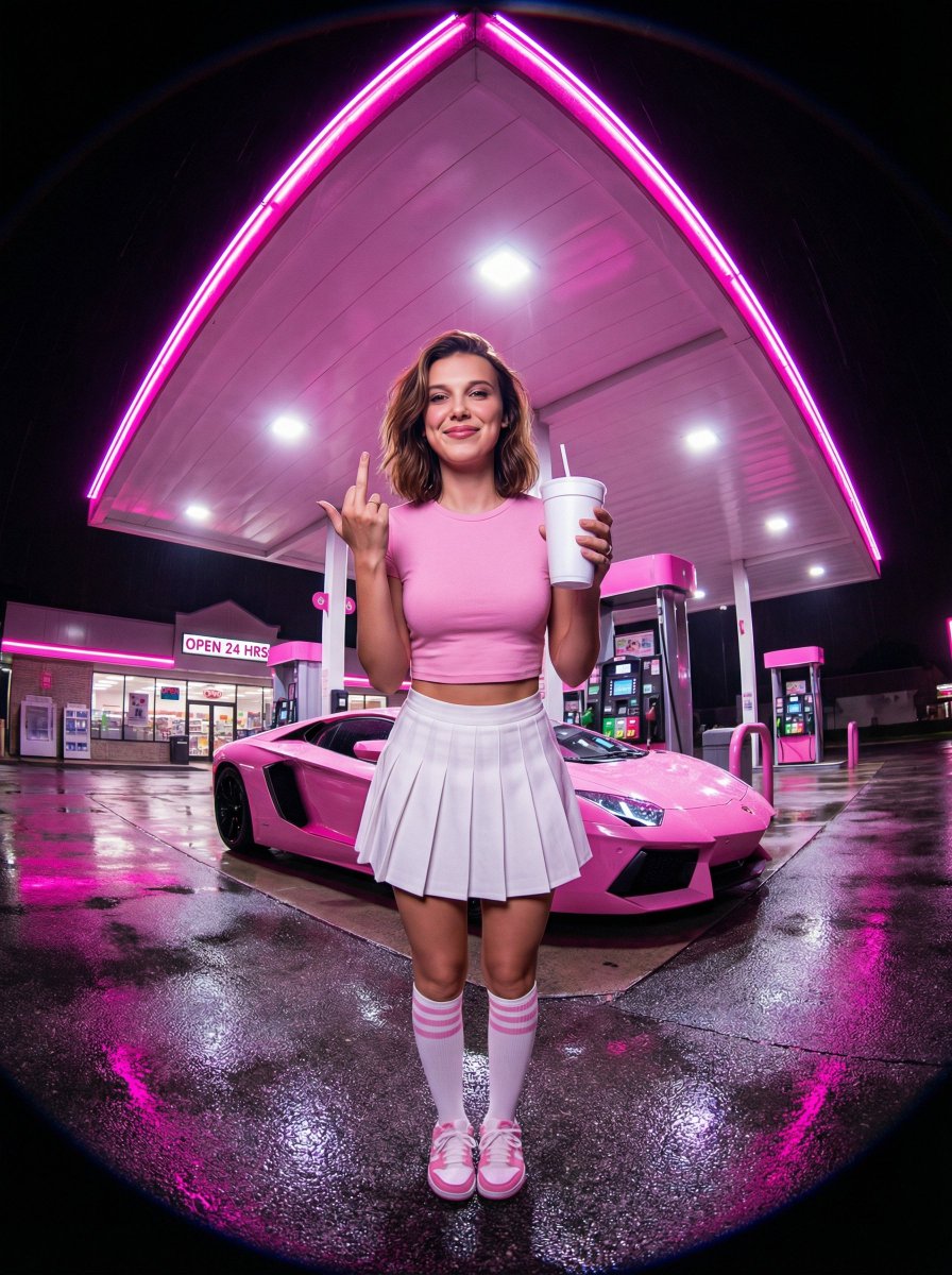 Neon Pink Gas Station Portrait (Fisheye Lens) 2