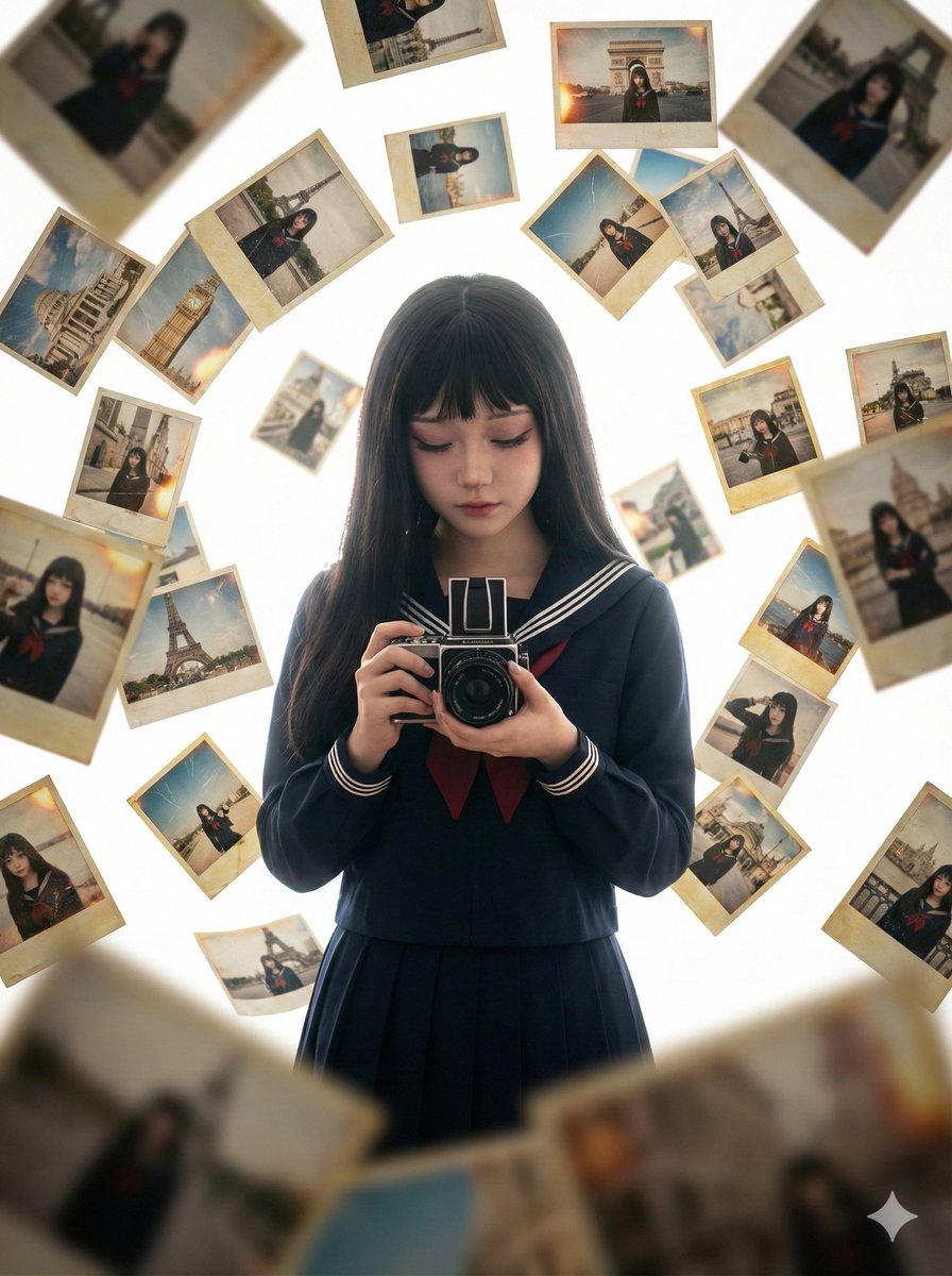 Photorealistic Asian Girl with Floating Photos Prompt (JSON Format) 1