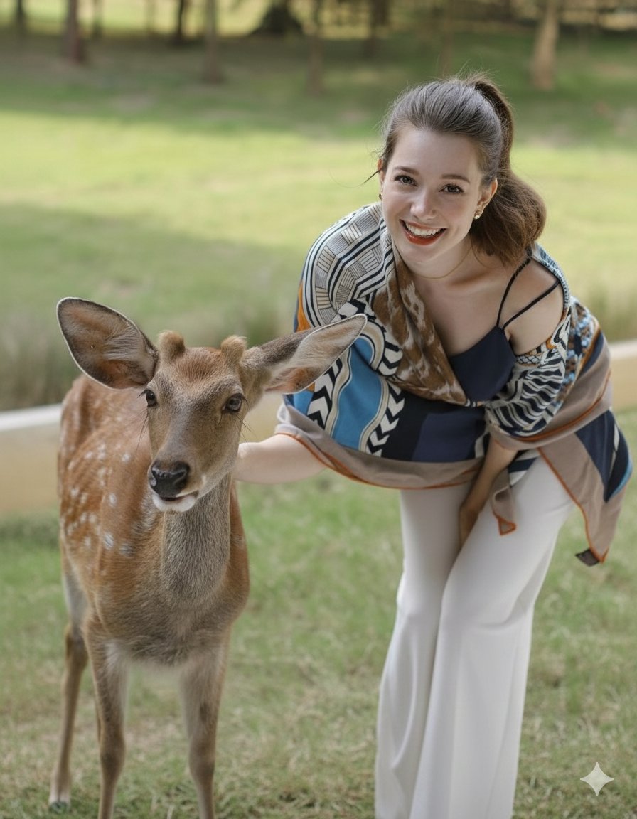 Photorealistic portrait of a woman feeding a fallow deer 1
