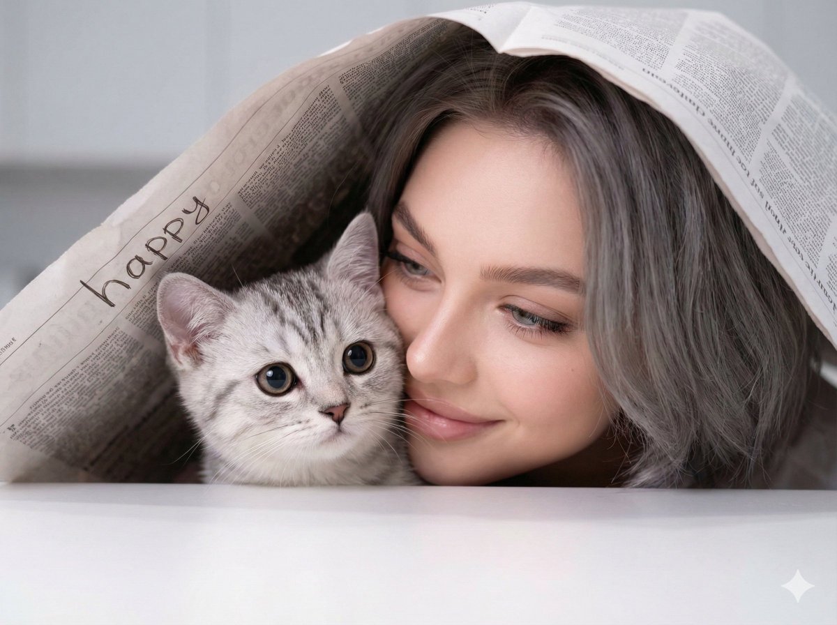 Warm Portrait of Woman and Kitten Peeking Under Paper 1