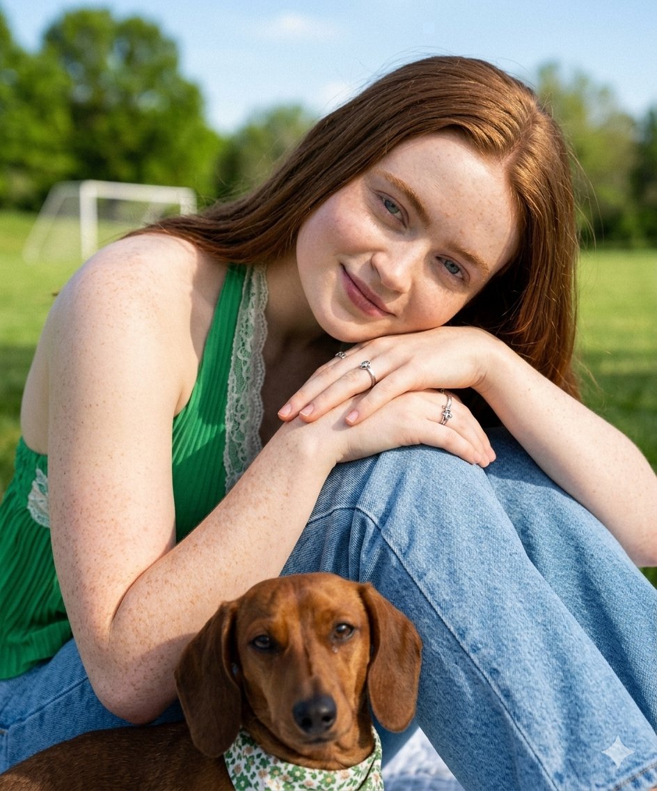 Sadie Sink Lookalike with Dachshund in Park 1