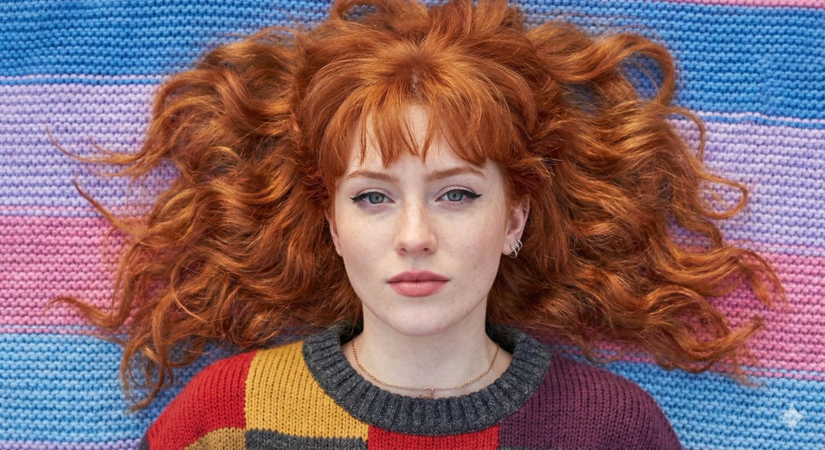 Flat Lay Portrait of a Ginger Woman on a Rainbow Blanket 1