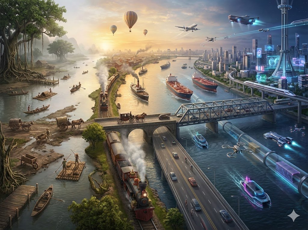 Hyper-realistic Transportation Evolution Panoramic Landscape Prompt 2