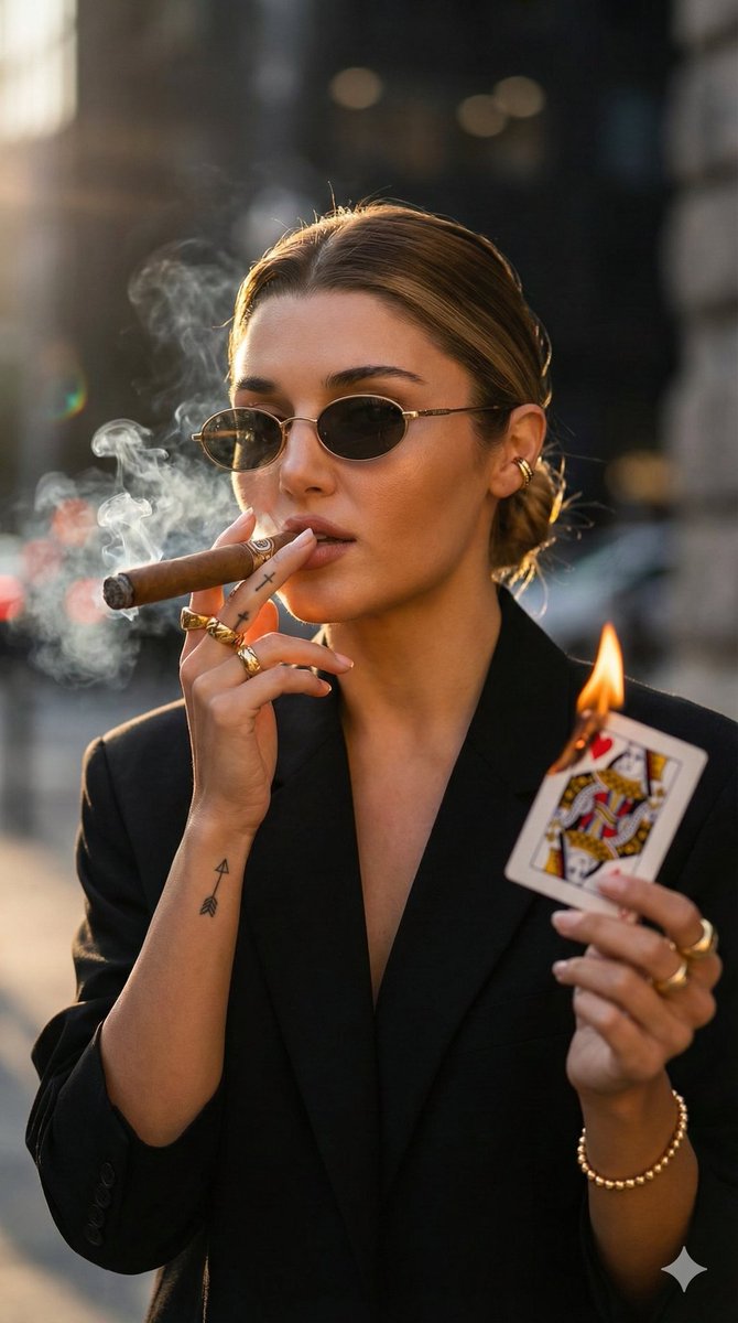 Edgy Fashion Portrait with Cigar and Playing Card Prompt (Urdu/Hindi) 1