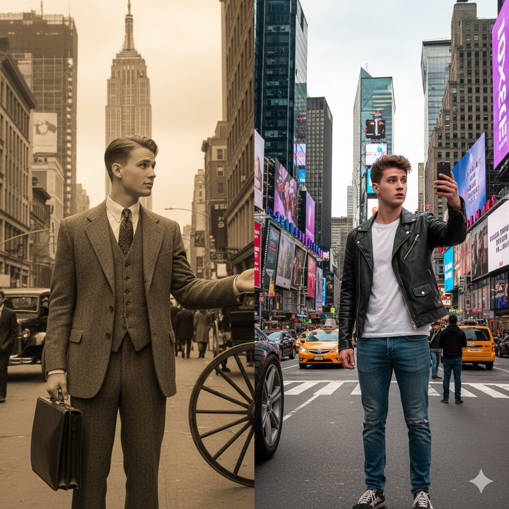 Split-Screen Cinematic Time Travel Prompt 2