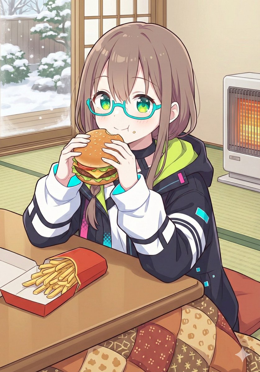 Japanese Prompt for Girl Eating Burger and Fries under Kotatsu 1