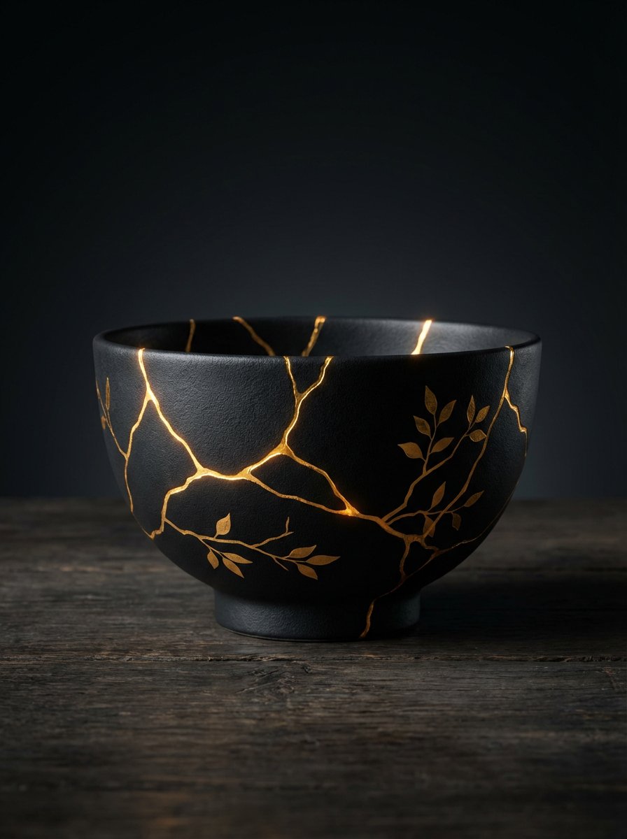 Kintsugi Black Ceramic Plate with Gold Decoration 1