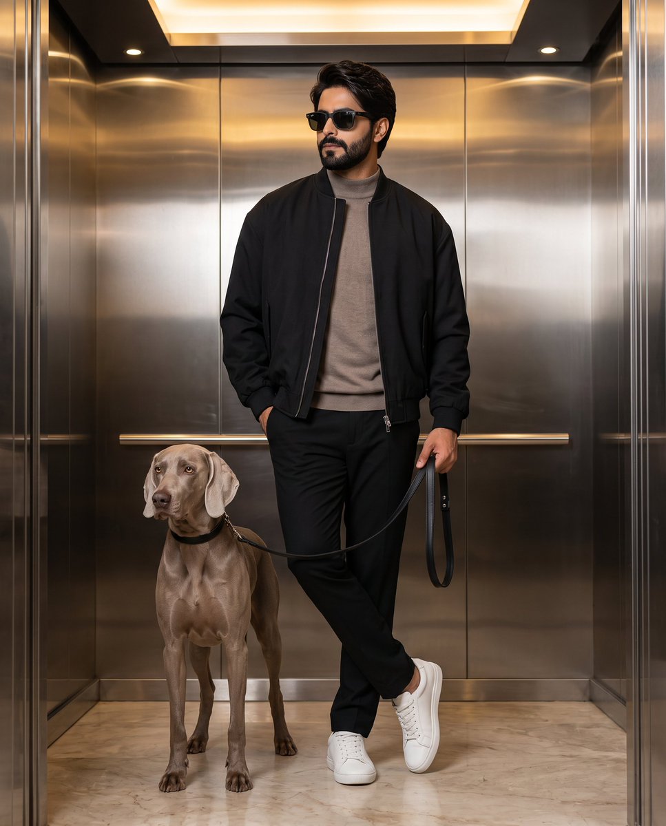 Stylish Man with Weimaraner in Modern Elevator 1