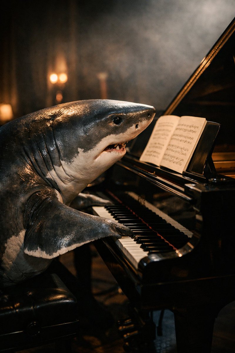 Realistic Shark Playing Piano Benchmark Prompt 1