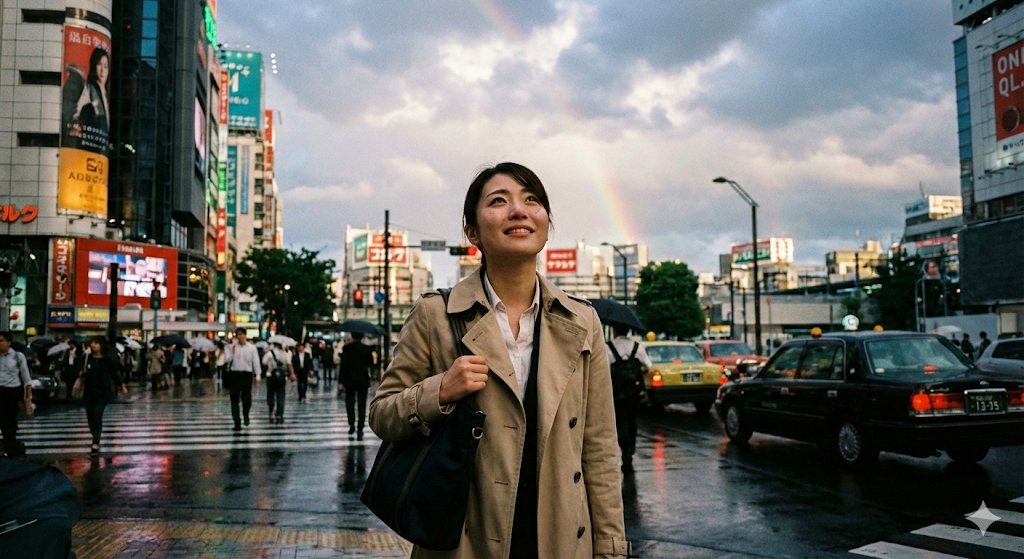 Emotional Snapshot of a Woman in Rainy Tokyo 1