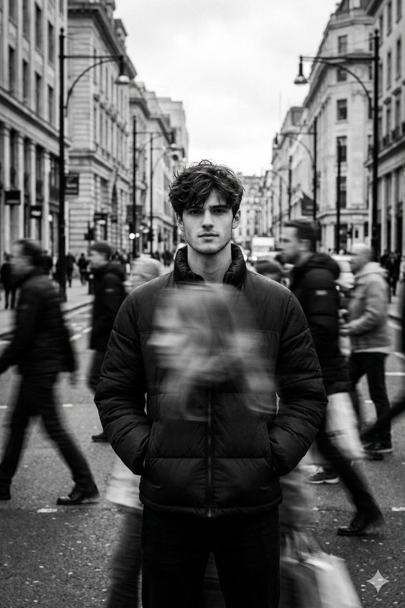 Black and White Cinematic Street Portrait with Motion Blur 1