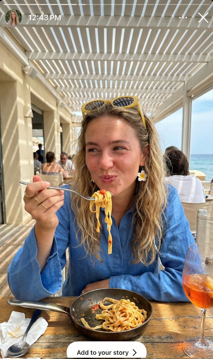 Ultra-Realistic Candid Instagram Story Photo of Woman Eating Pasta 1