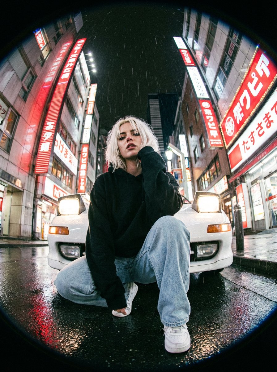 Hyper-Realistic Fisheye Street Portrait in Tokyo Rain 1