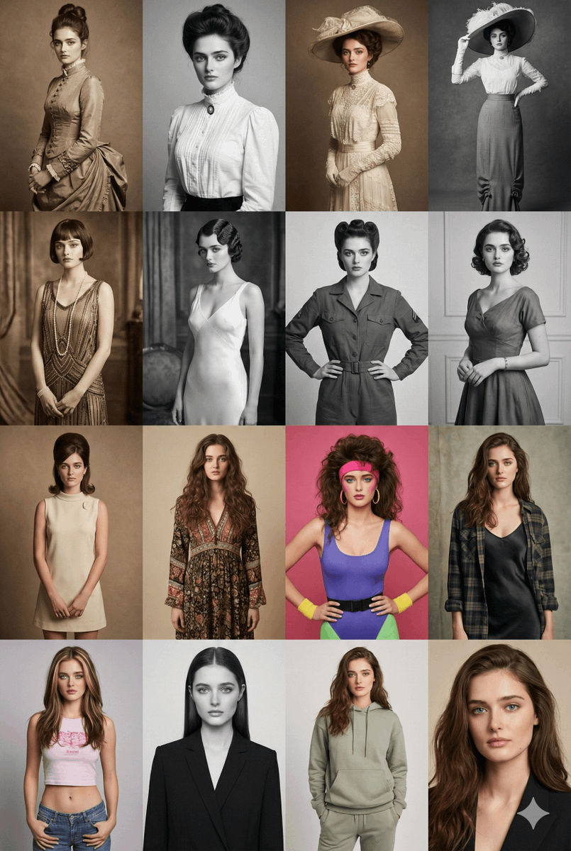 16 Decades of Fashion Portrait Grid Prompt 1