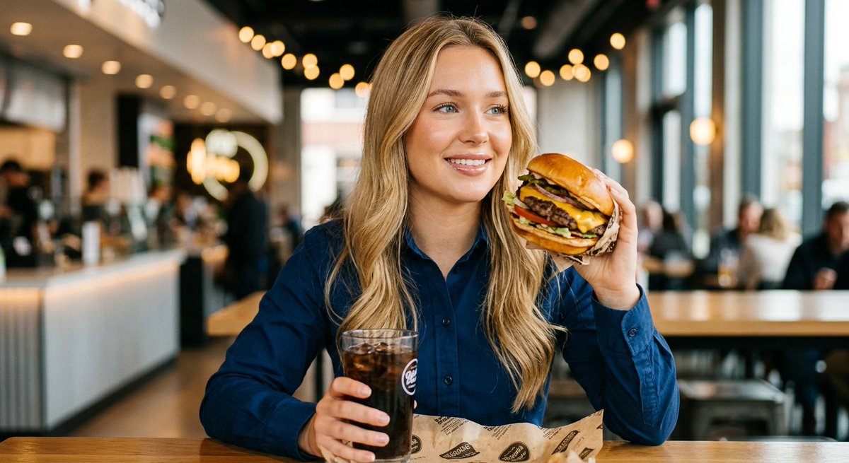 Woman enjoying fast food commercial portrait 2