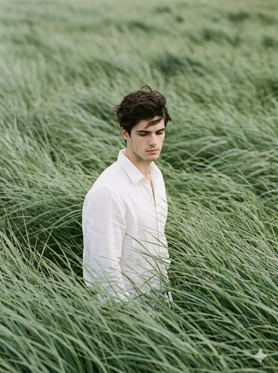 Cinematic Editorial Portrait in Sage Green Grass Fields 1