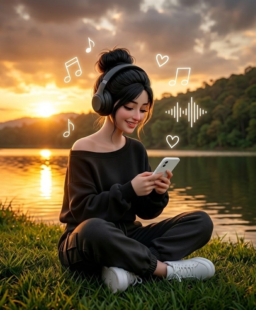 3D Anime Girl with Headphones 2