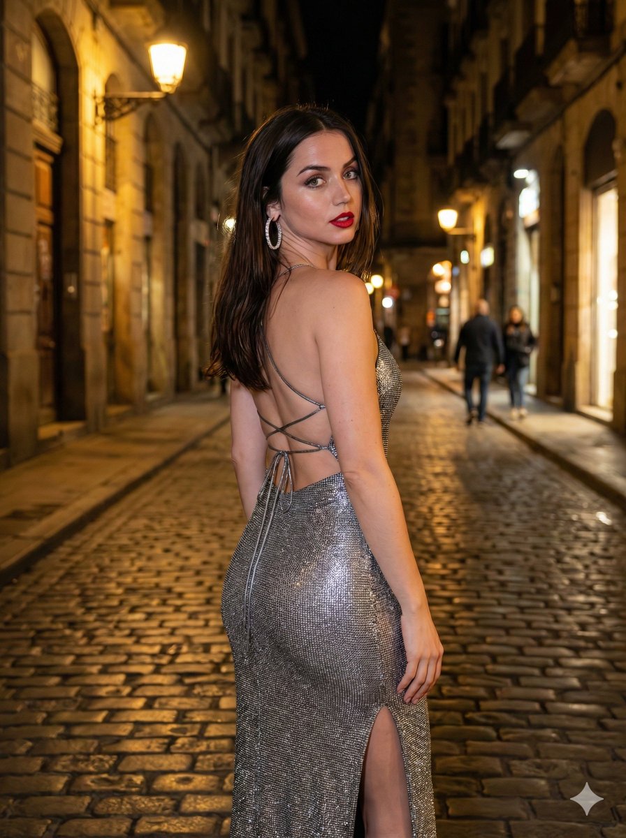 Cinematic Portrait of Ana de Armas in Metallic Silver Dress 2