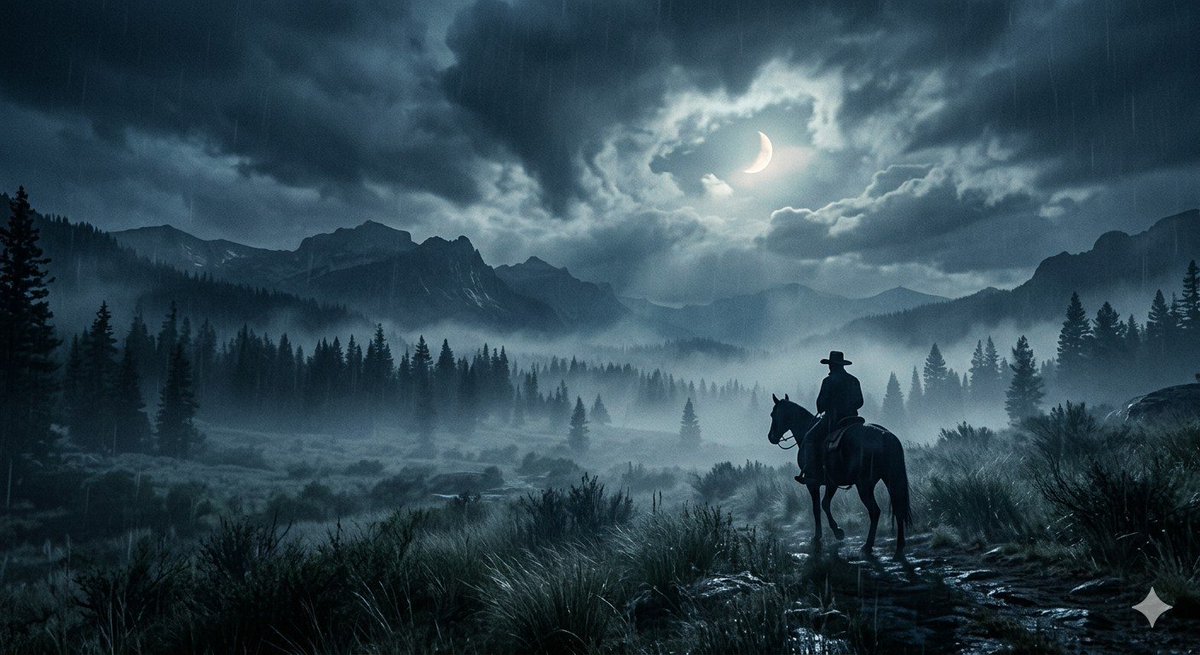 Lone Cowboy Moonlit Misty Night 1