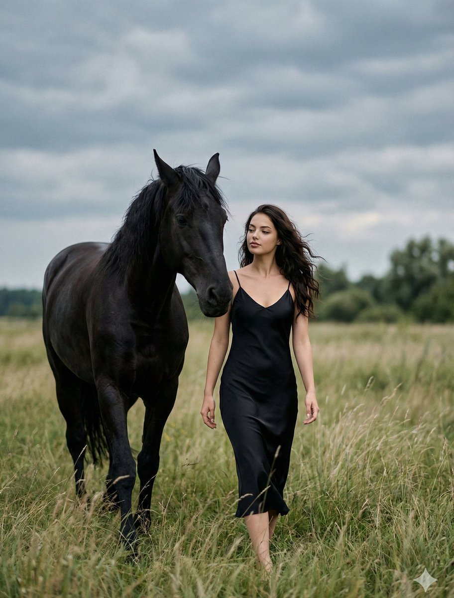 Cinematic Photorealistic Scene of Woman and Black Horse 1