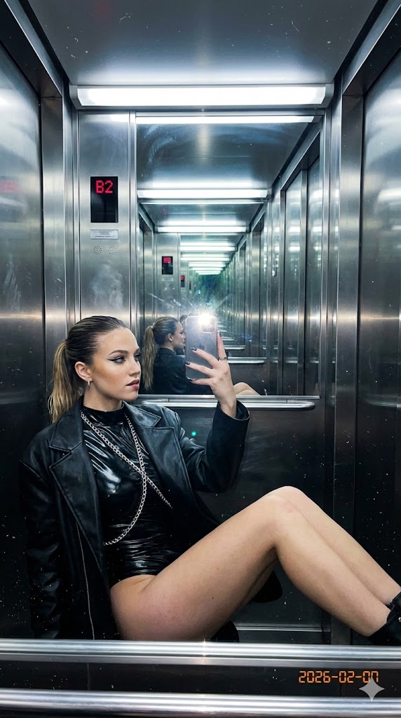 Raw Flash Mirror Selfie in Mirrored Elevator 1