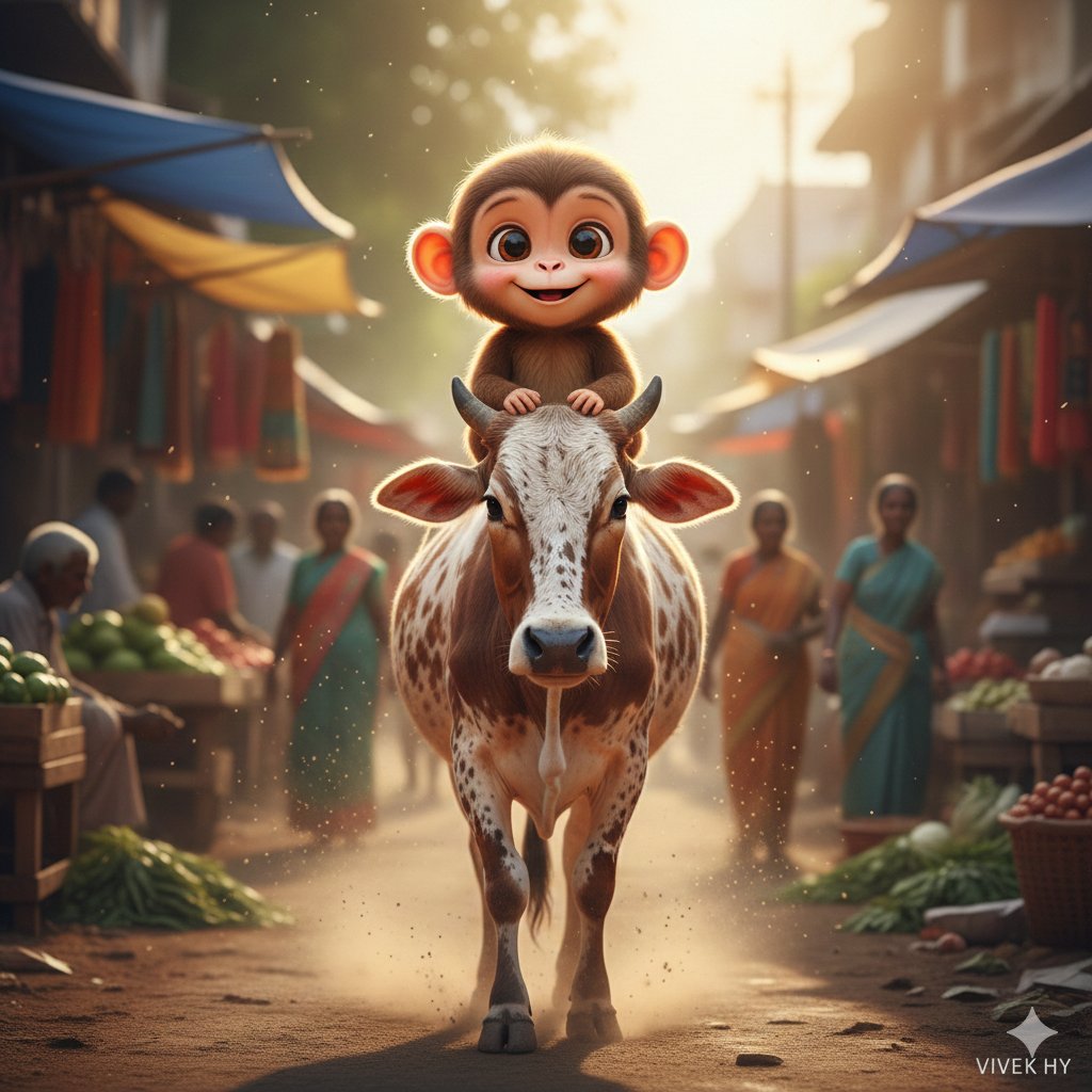 Playful Surreal Village Scene: Monkey Riding a Cow 1