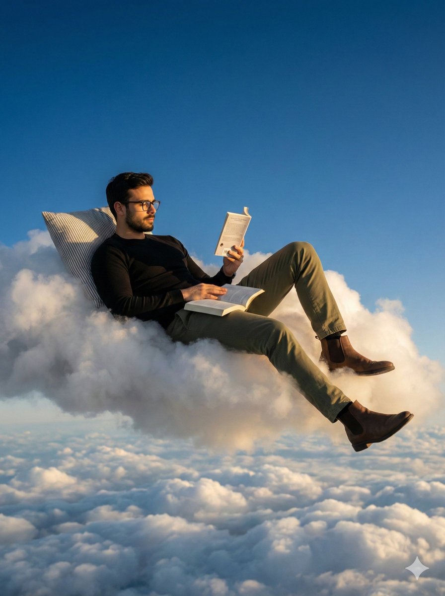 Photorealistic Surreal Scene of a Man Reclining on a Floating Cloud 1