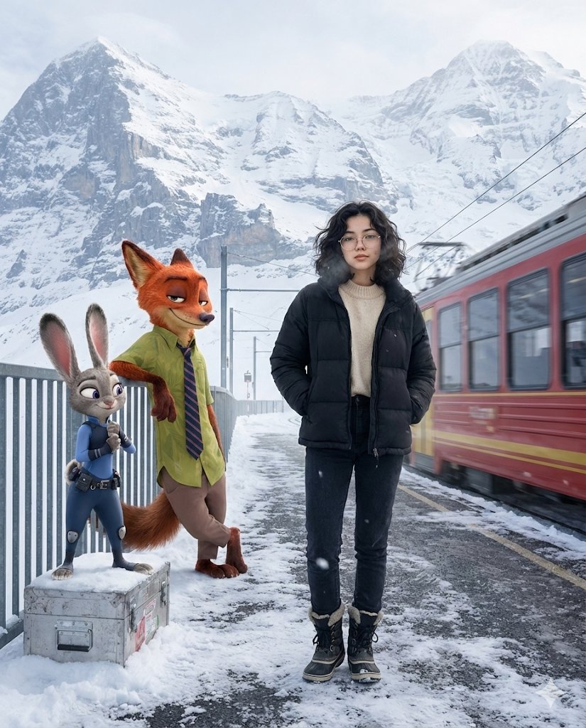 Cinematic Alpine Travel Scene with Zootopia Characters Prompt 1