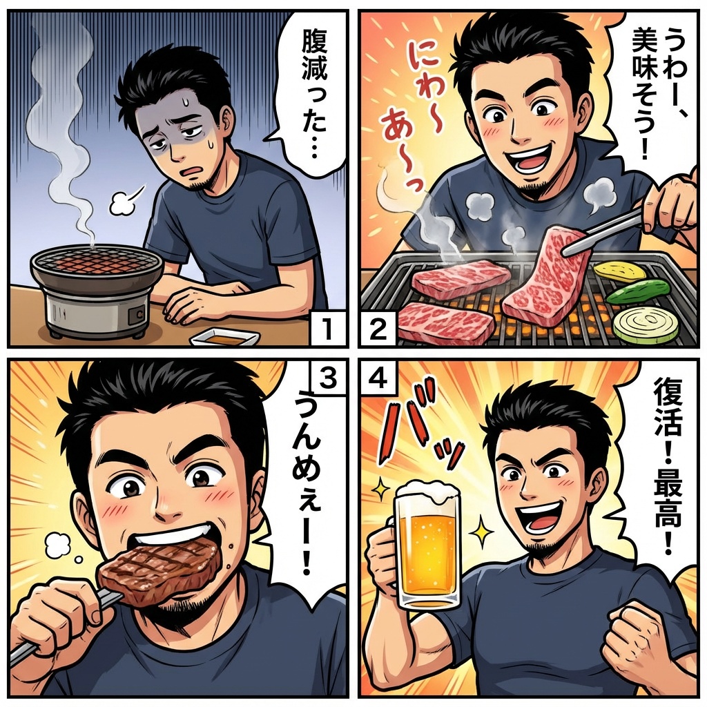 Color comic of a character getting energized by barbecue 1