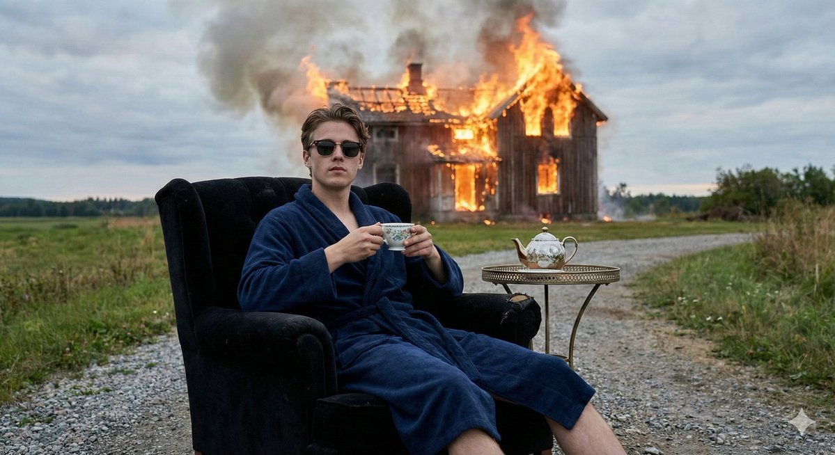 Documentary-Style Photo of Man in Robe with Burning Farmhouse 2