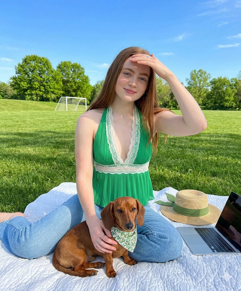 Sadie Sink Lookalike with Dachshund in Park 2