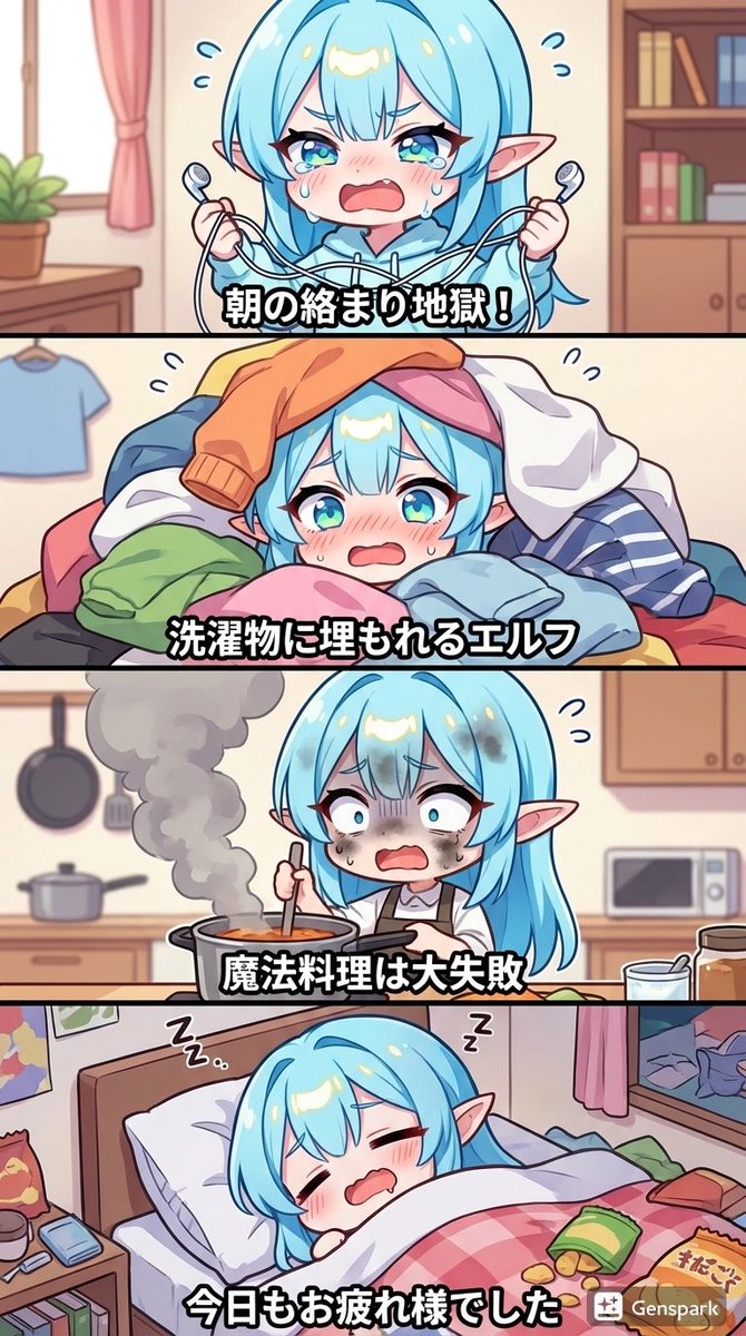 Four-panel comic about a clumsy elf 1