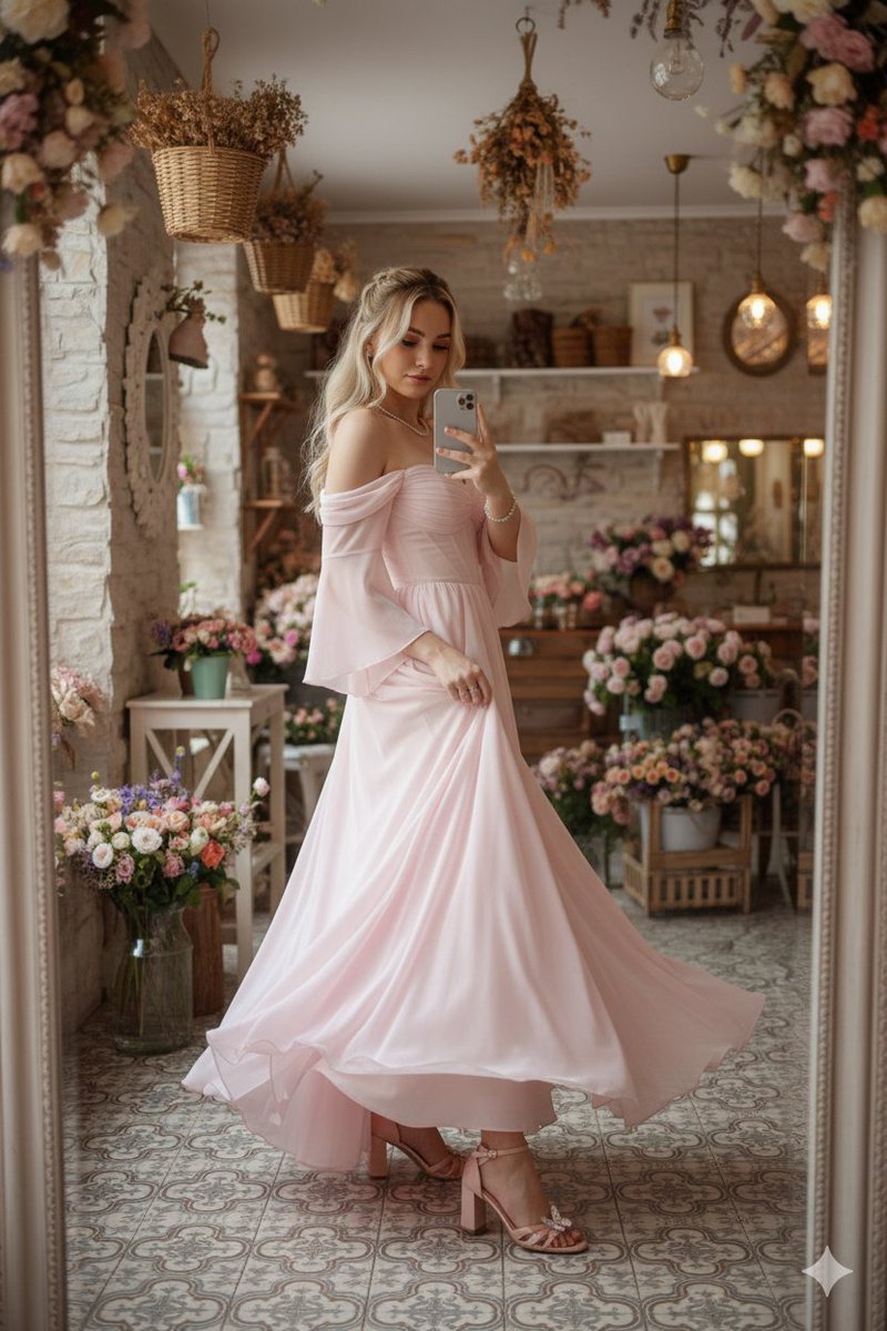 Fairy-Core Gown Mirror Selfie in a Floral Cafe 3