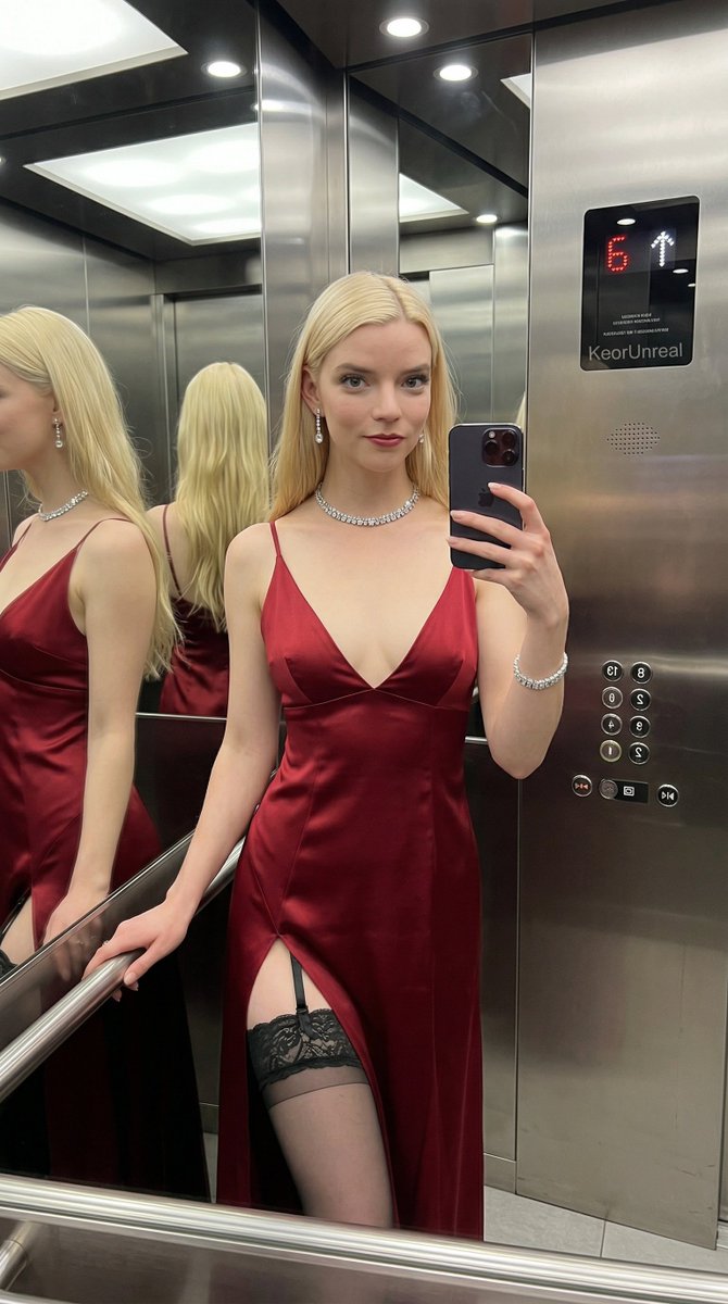 Luxury Elevator Mirror Selfie in Deep V-Neck Dress 2
