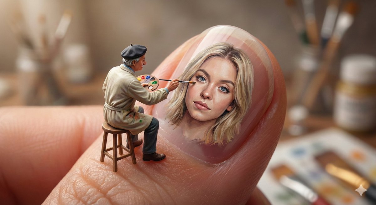 Miniature Artist Painting on a Giant Fingernail 2
