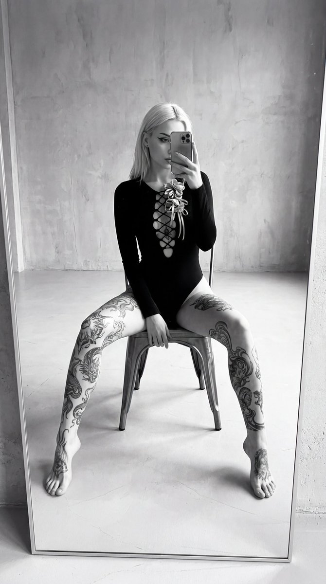 High-Contrast Black and White Tattooed Mirror Selfie 1