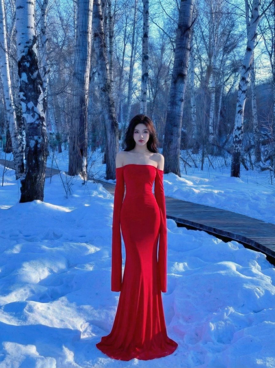 Dramatic Red Dress in Snowy Birch Forest 4