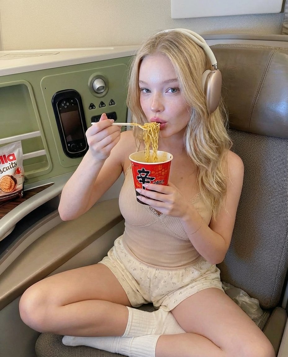 Photorealistic Lifestyle Photo of a Woman Eating Noodles on a Train 1